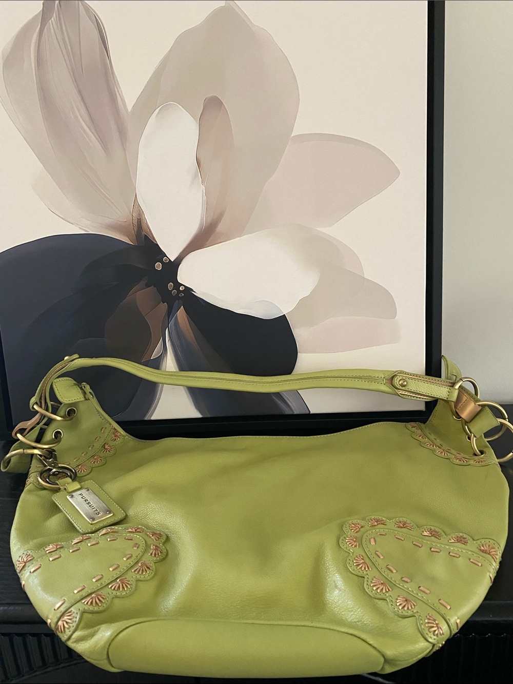 Vintage 90’s Pursuits LTD. Olive Green Leather Hobo With Gold Leather Accents